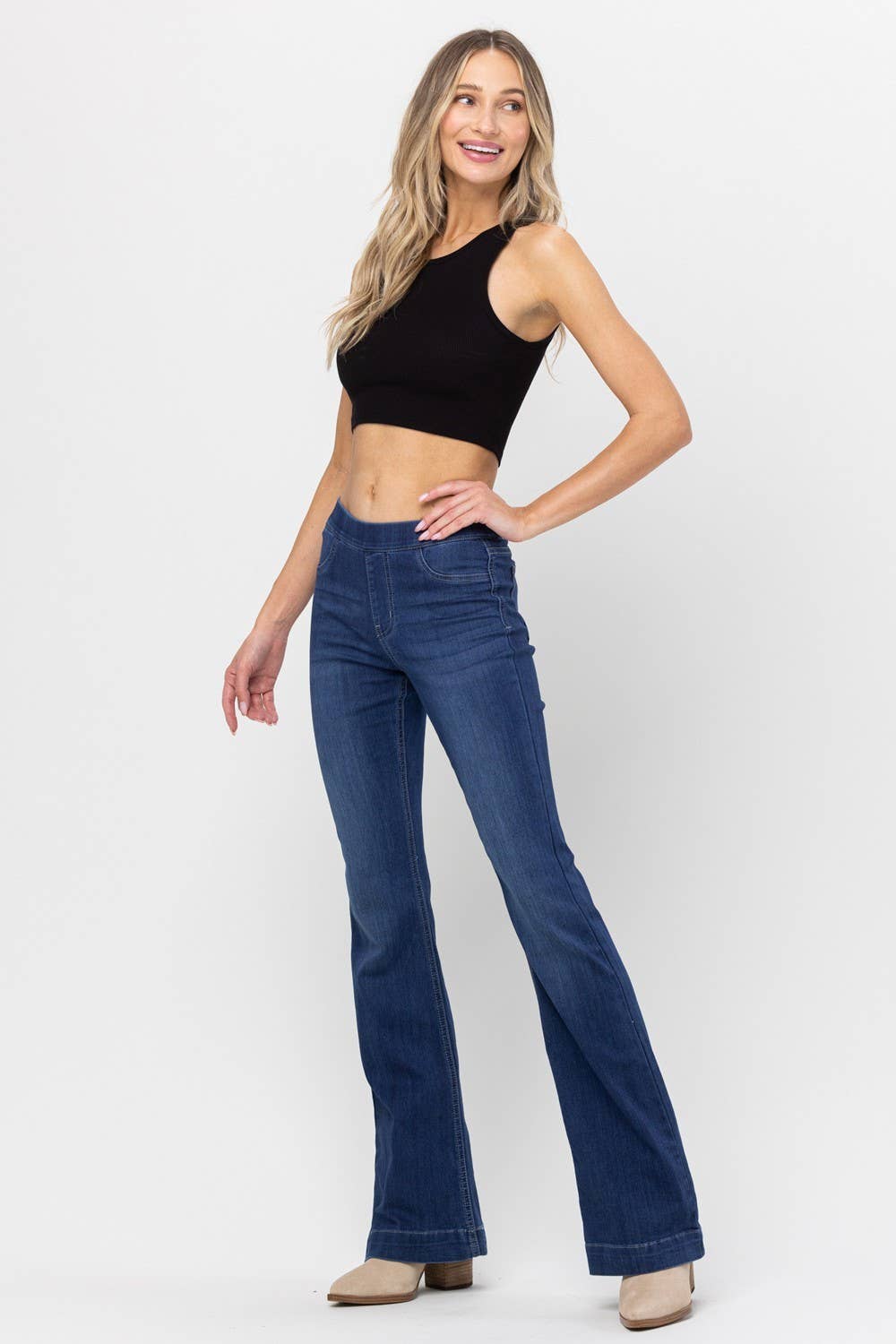 PLUS SIZE Dark Denim Pull On Flare