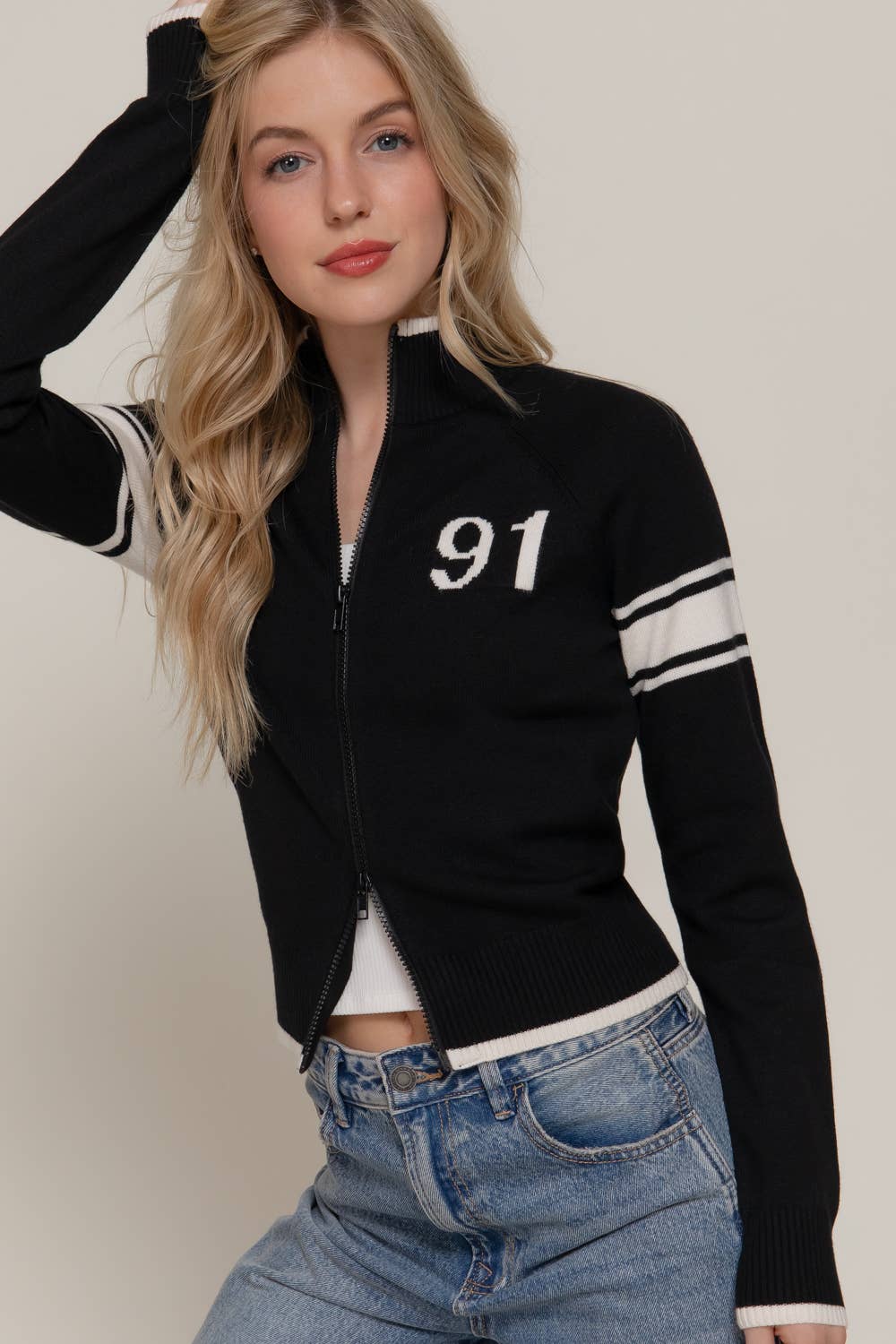 Long Sleeve High Neck with Line Detail Zip-Up Sweater Jacket