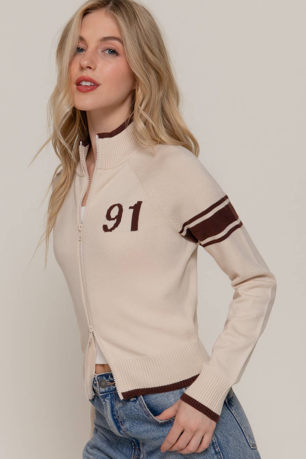 Long Sleeve High Neck with Line Detail Zip-Up Sweater Jacket