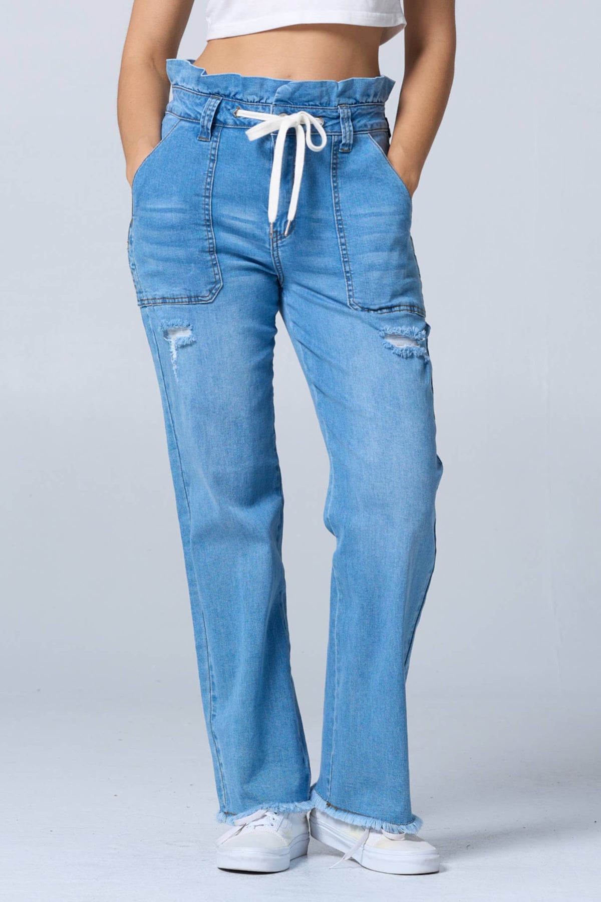 Distress boot cut baggy jeans