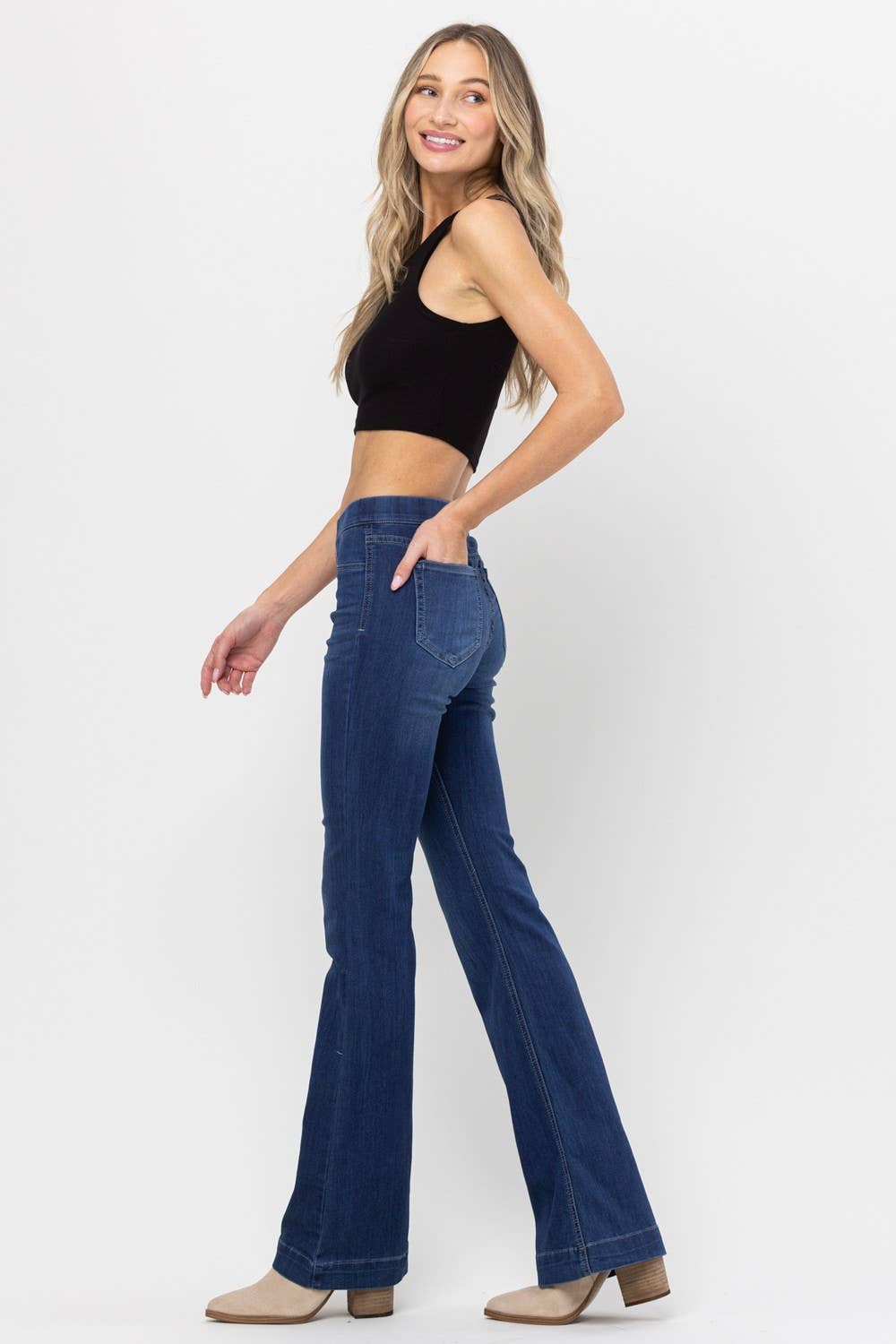 PLUS SIZE Dark Denim Pull On Flare