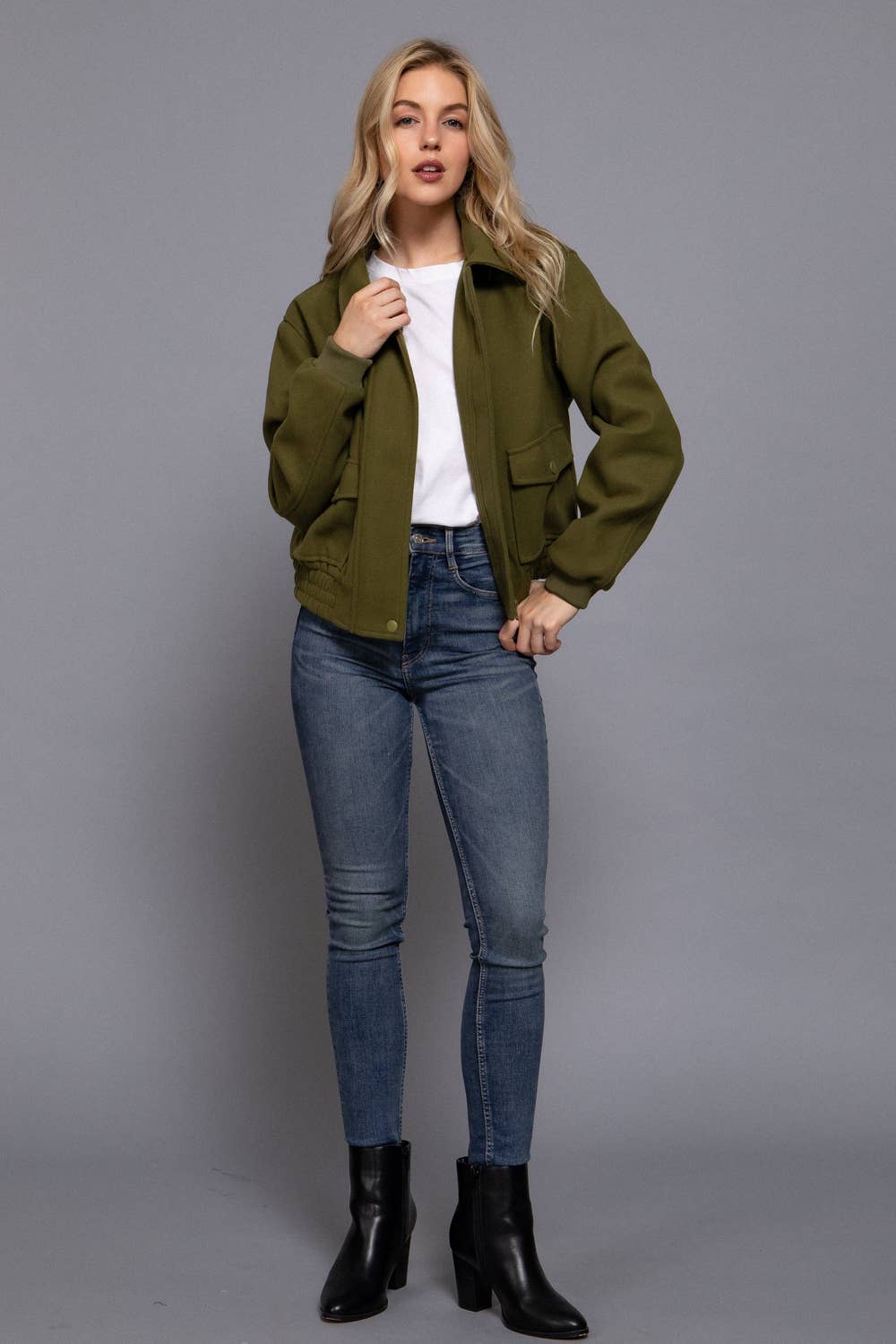 Long Sleeve Lapel Collar Soft Felt Bomber Jacket