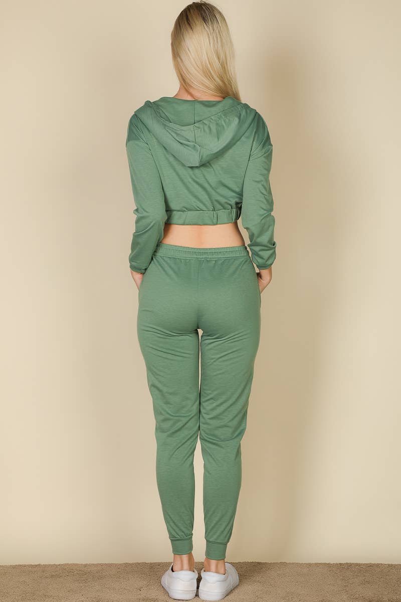 French Terry Cropped Cami with Zip-up Jacket and Joggers Set