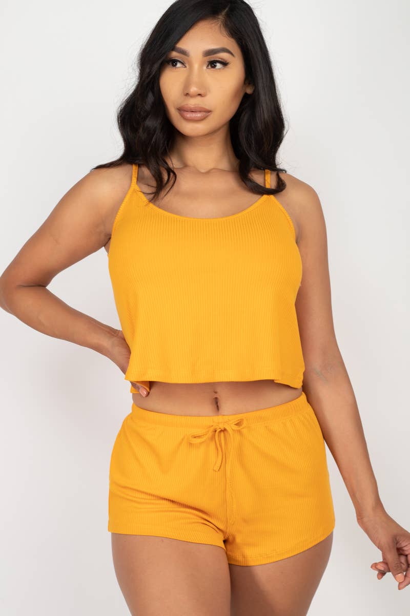 Ribbed Strappy Top & Shorts Lounge Set