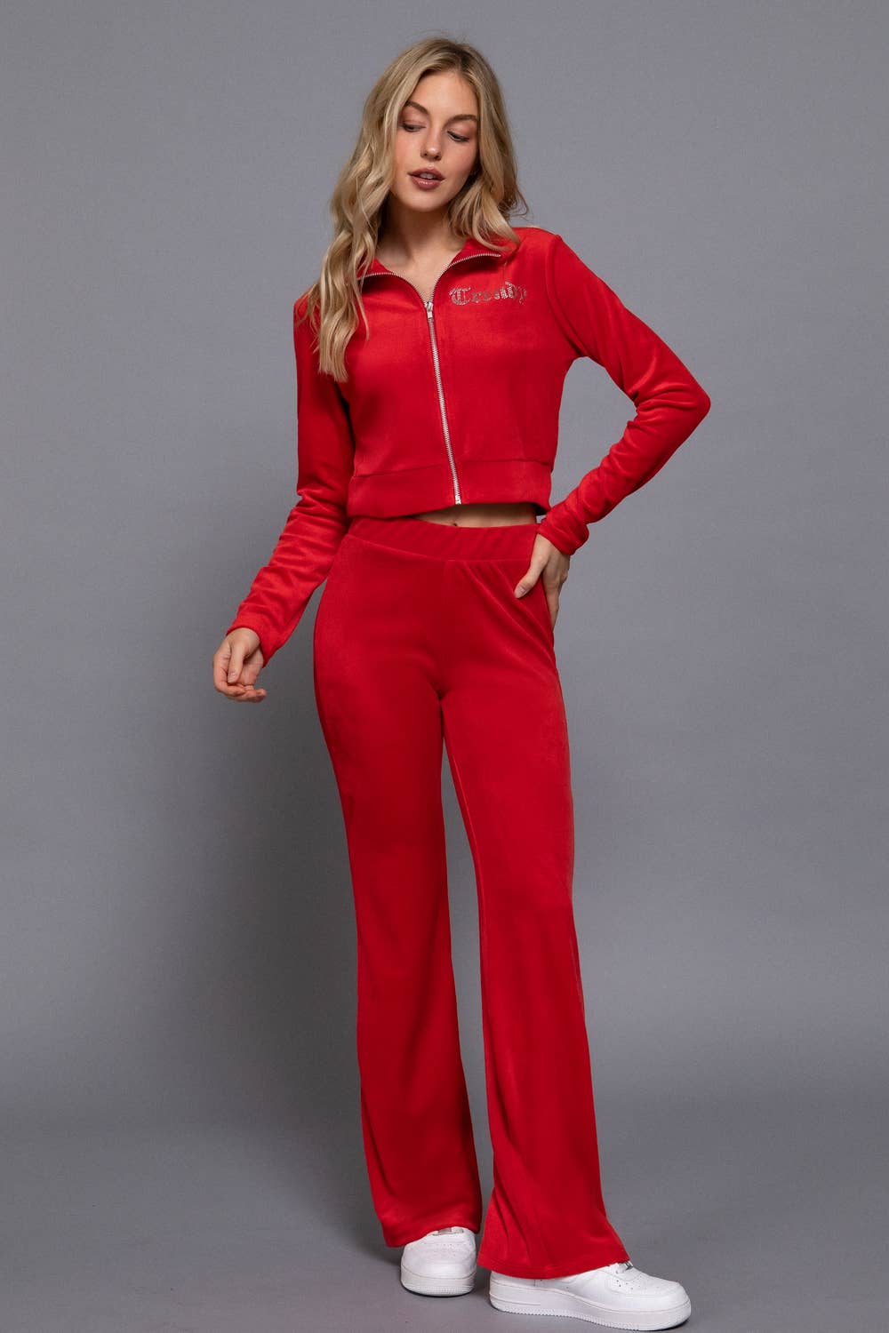 Mock Neck Zip Up Jacket & Rhinestone Flare Pants Velour Set