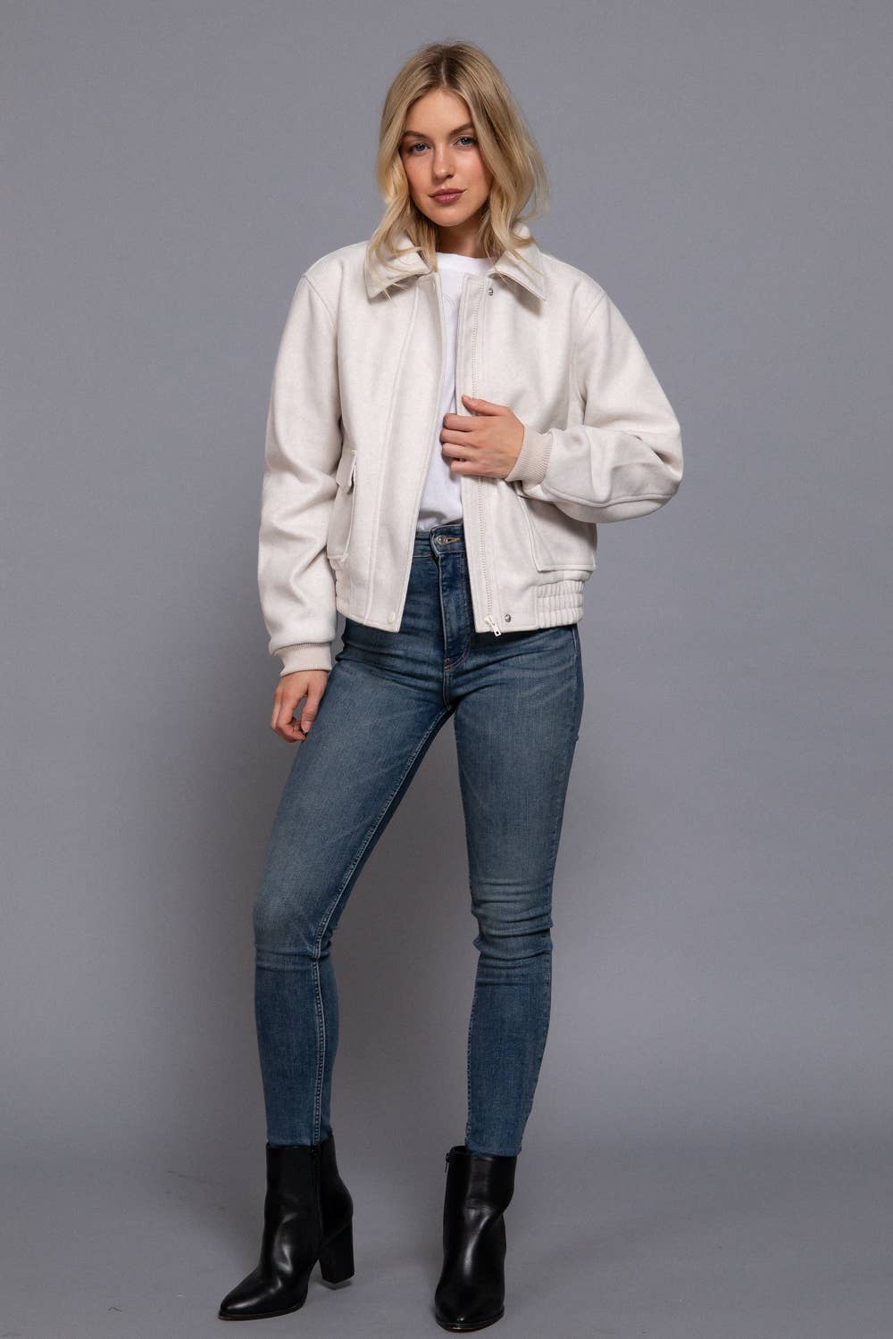Long Sleeve Lapel Collar Soft Felt Bomber Jacket