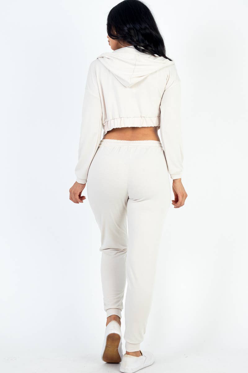 French Terry Cropped Cami with Zip-up Jacket and Joggers Set