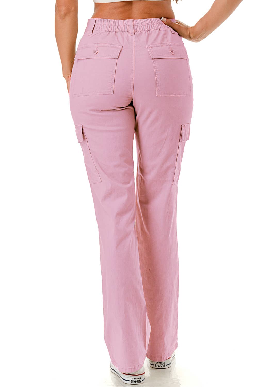 Solid color straight leg adjustable waist band cargo pants