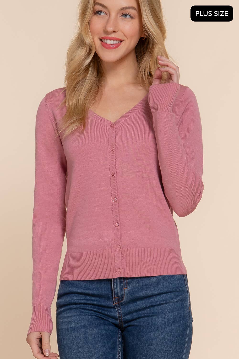 [PLUS SIZE] Long Sleeve V-neck Button Down Sweater Cardigan