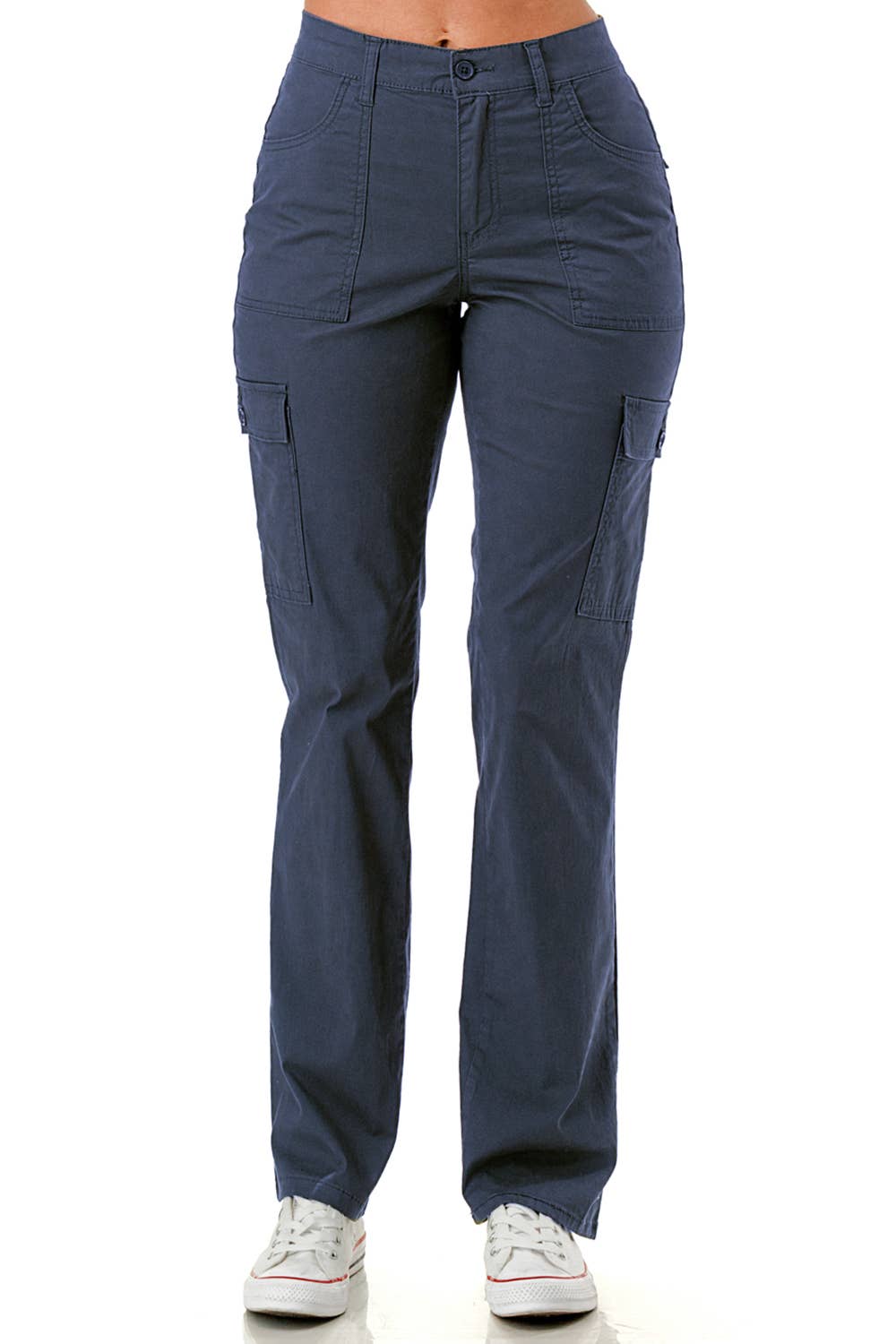 Solid color straight leg adjustable waist band cargo pants