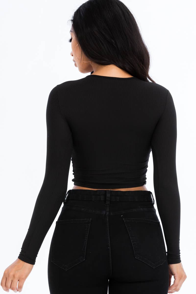 Solid Ribbed Drawstring Ruched Long Sleeve Crop Top T shirt