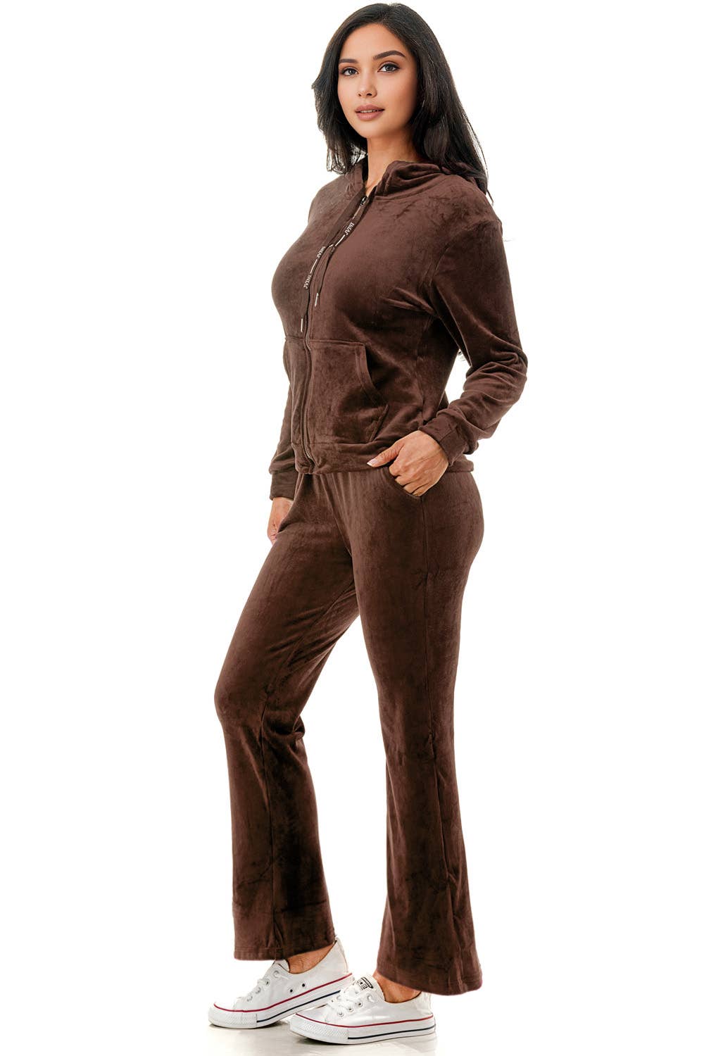 Solid color fleece lined velvet jacket and flare pants set