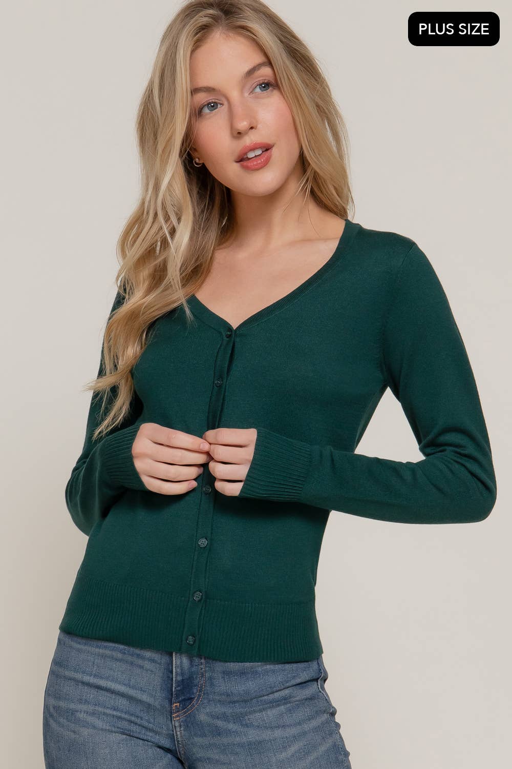 [PLUS SIZE] Long Sleeve V-neck Button Down Sweater Cardigan