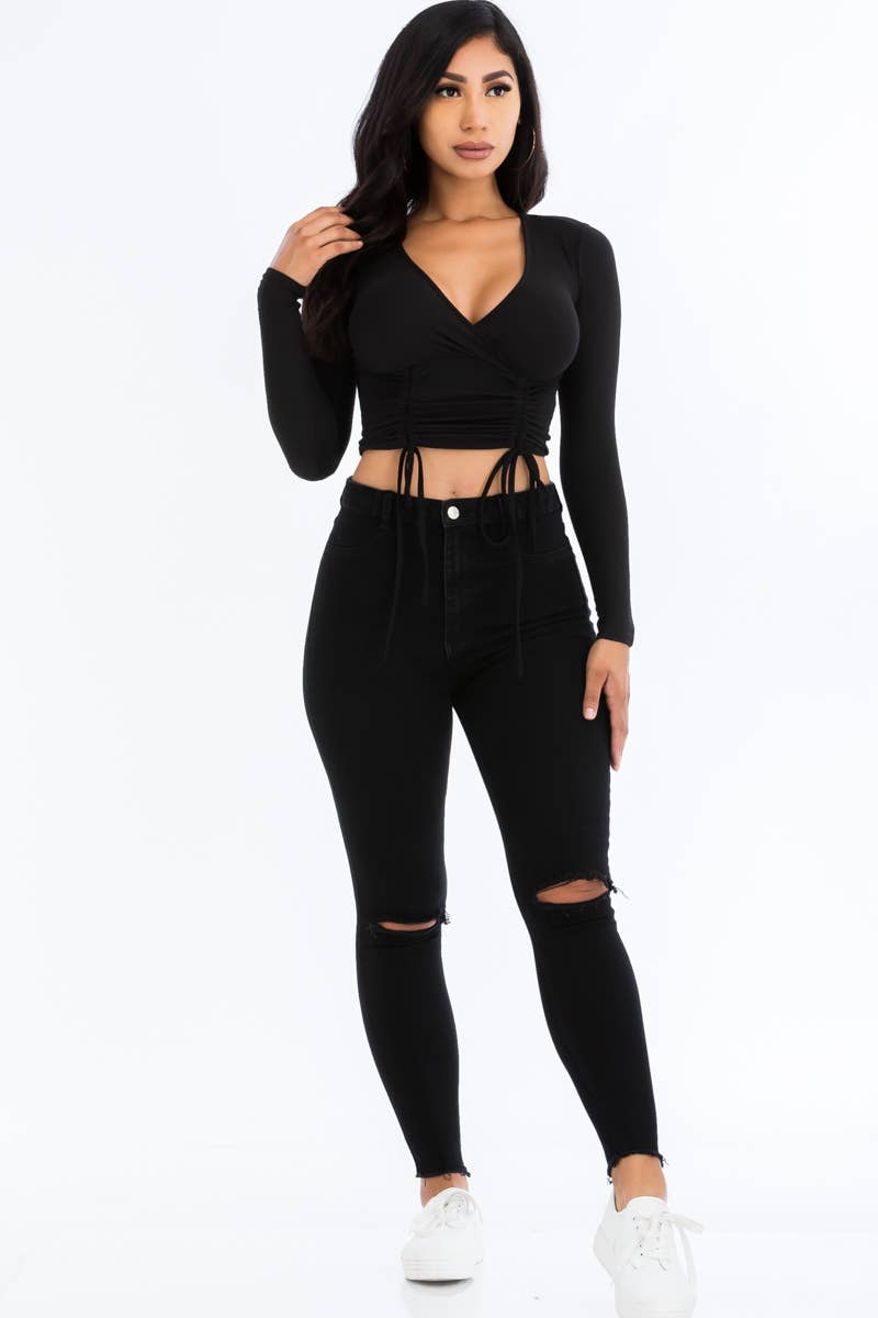 Solid Ribbed Drawstring Ruched Long Sleeve Crop Top T shirt