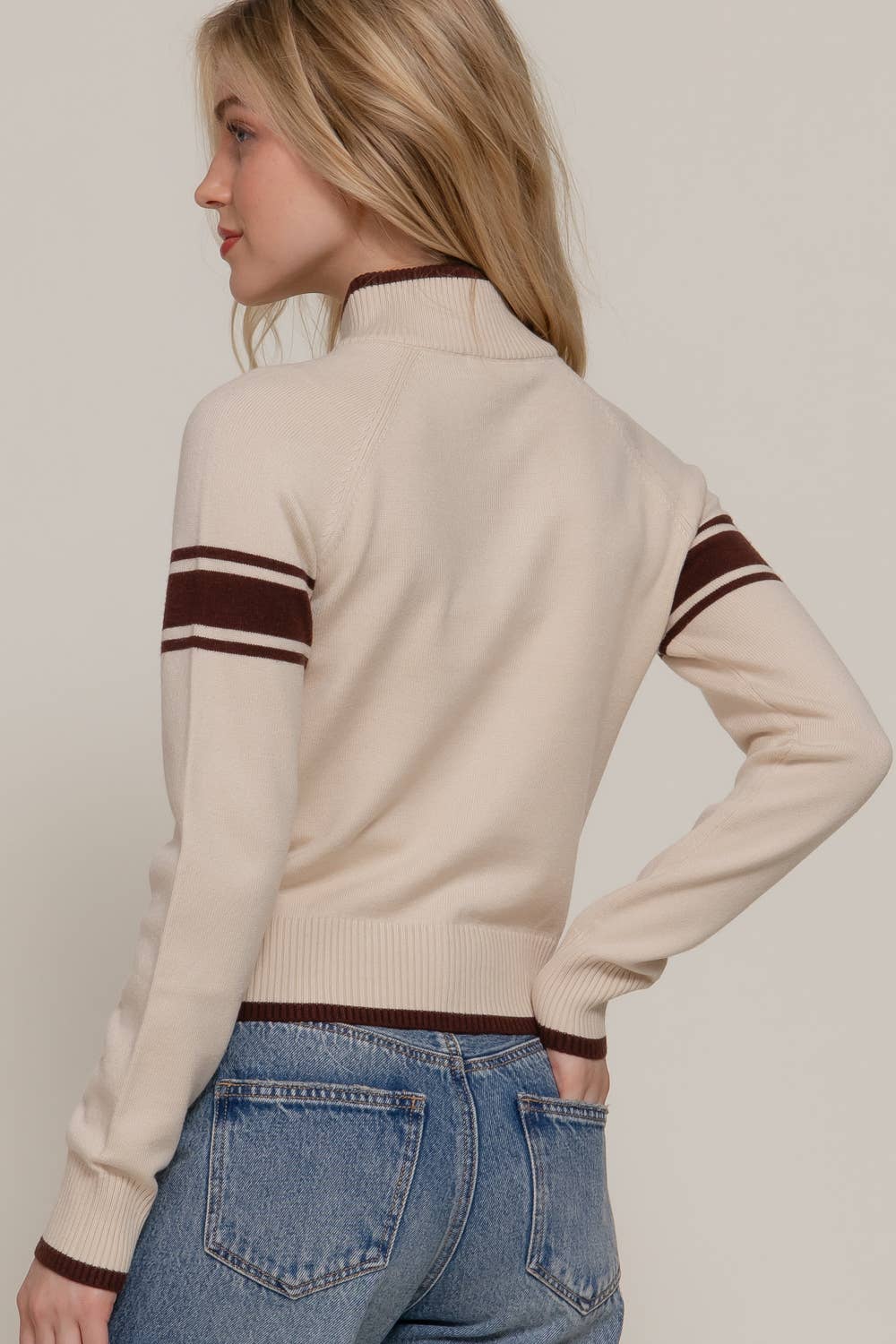 Long Sleeve High Neck with Line Detail Zip-Up Sweater Jacket