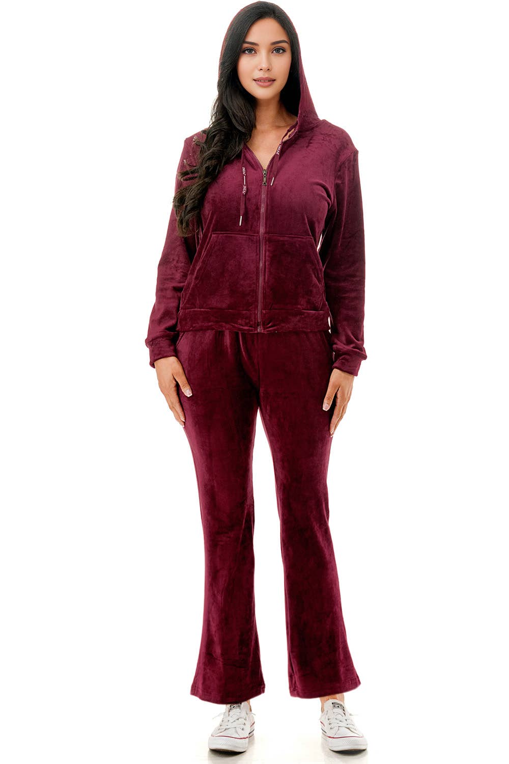 Solid color fleece lined velvet jacket and flare pants set
