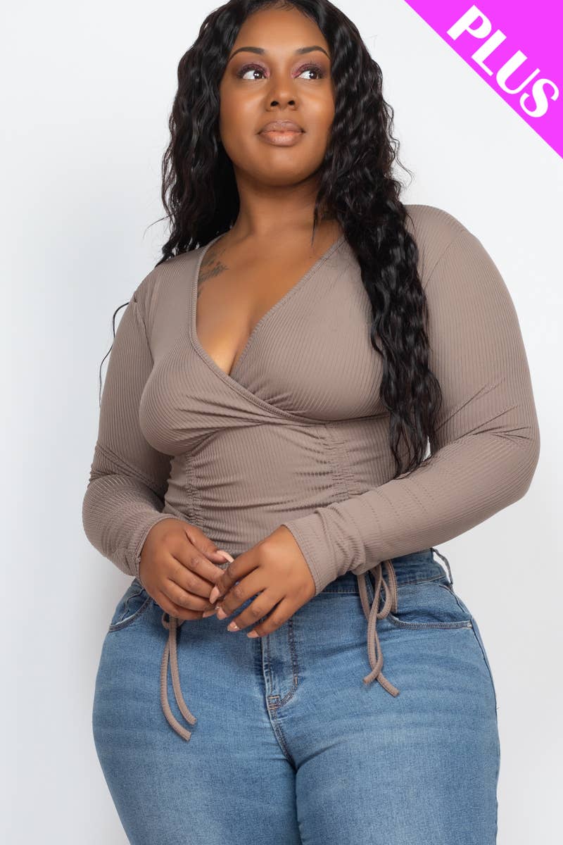 Plus Size Ribbed Drawstring Ruched Long Sleeve Crop Top