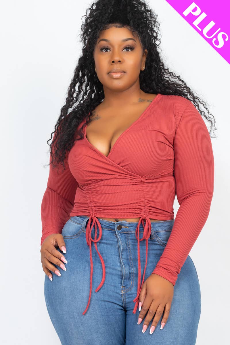 Plus Size Ribbed Drawstring Ruched Long Sleeve Crop Top