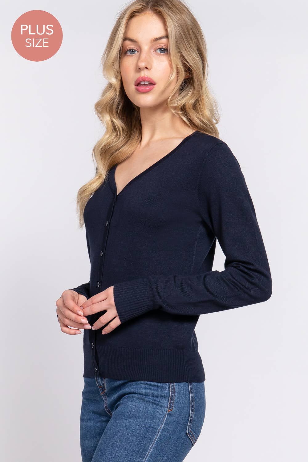 [PLUS SIZE] Long Sleeve V-neck Button Down Sweater Cardigan