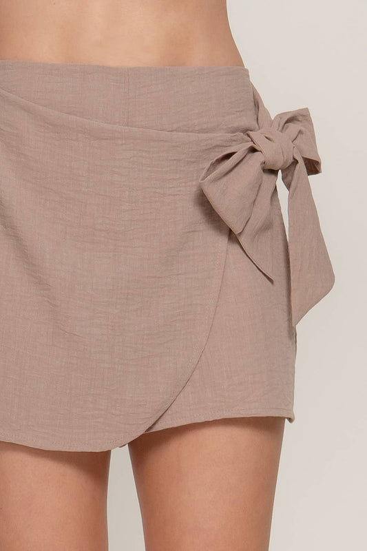 Side Ribbon Tie & Zipper Closure Linen Effect Kort
