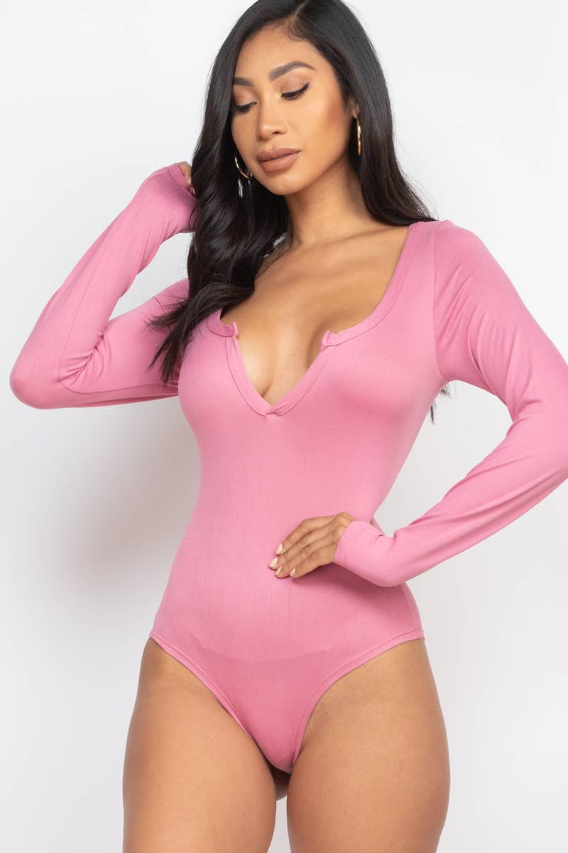 Split Neck Solid Bodysuit