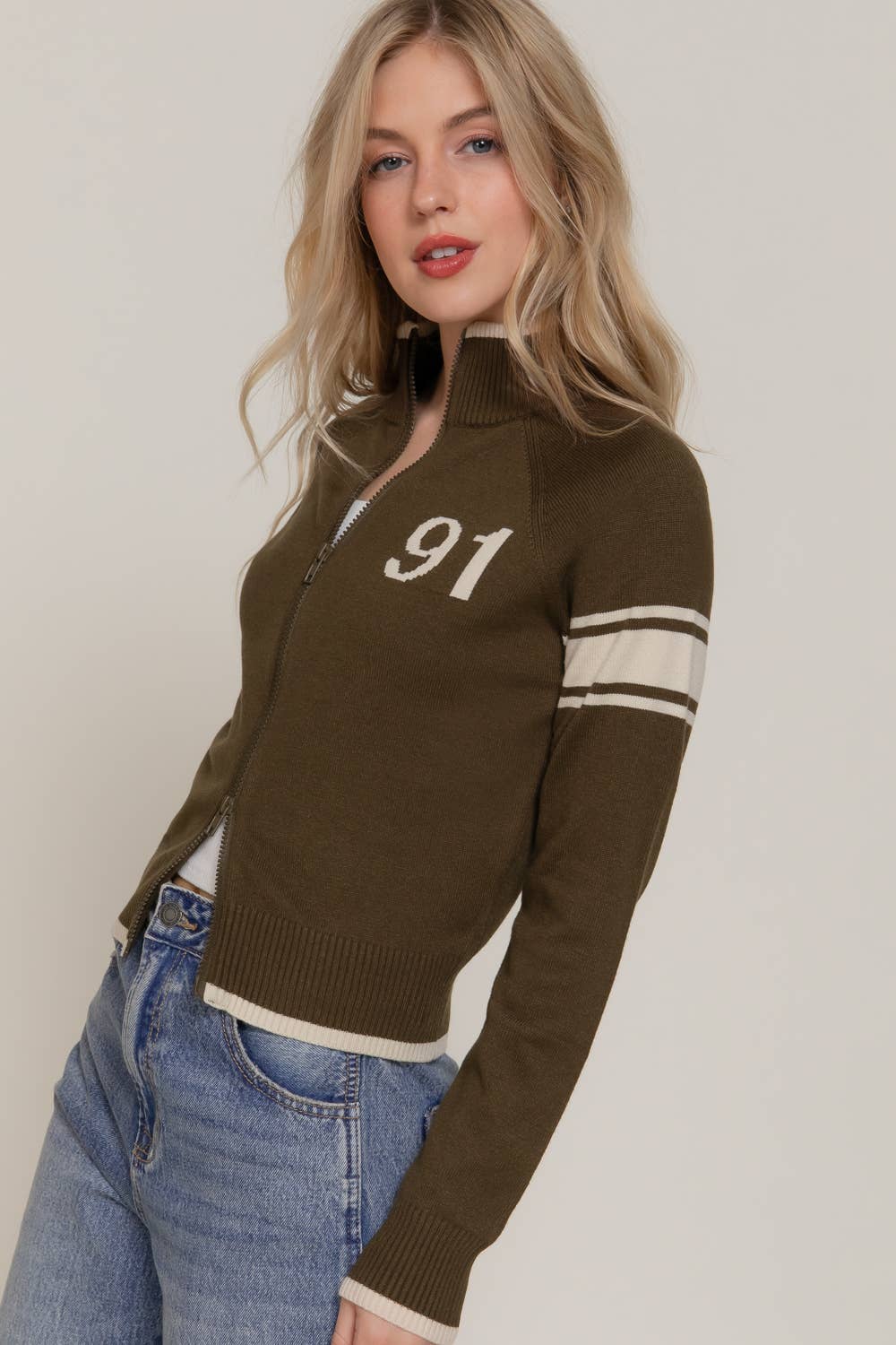 Long Sleeve High Neck with Line Detail Zip-Up Sweater Jacket