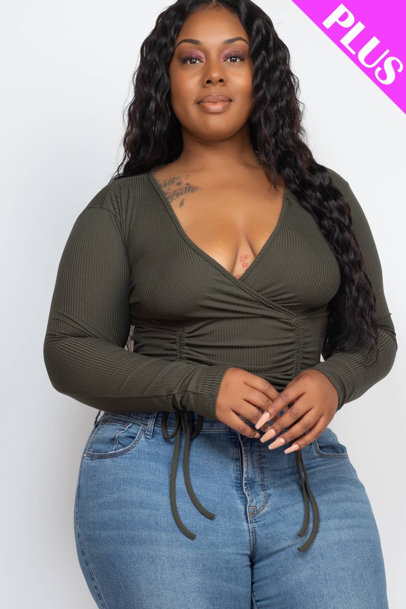 Plus Size Ribbed Drawstring Ruched Long Sleeve Crop Top