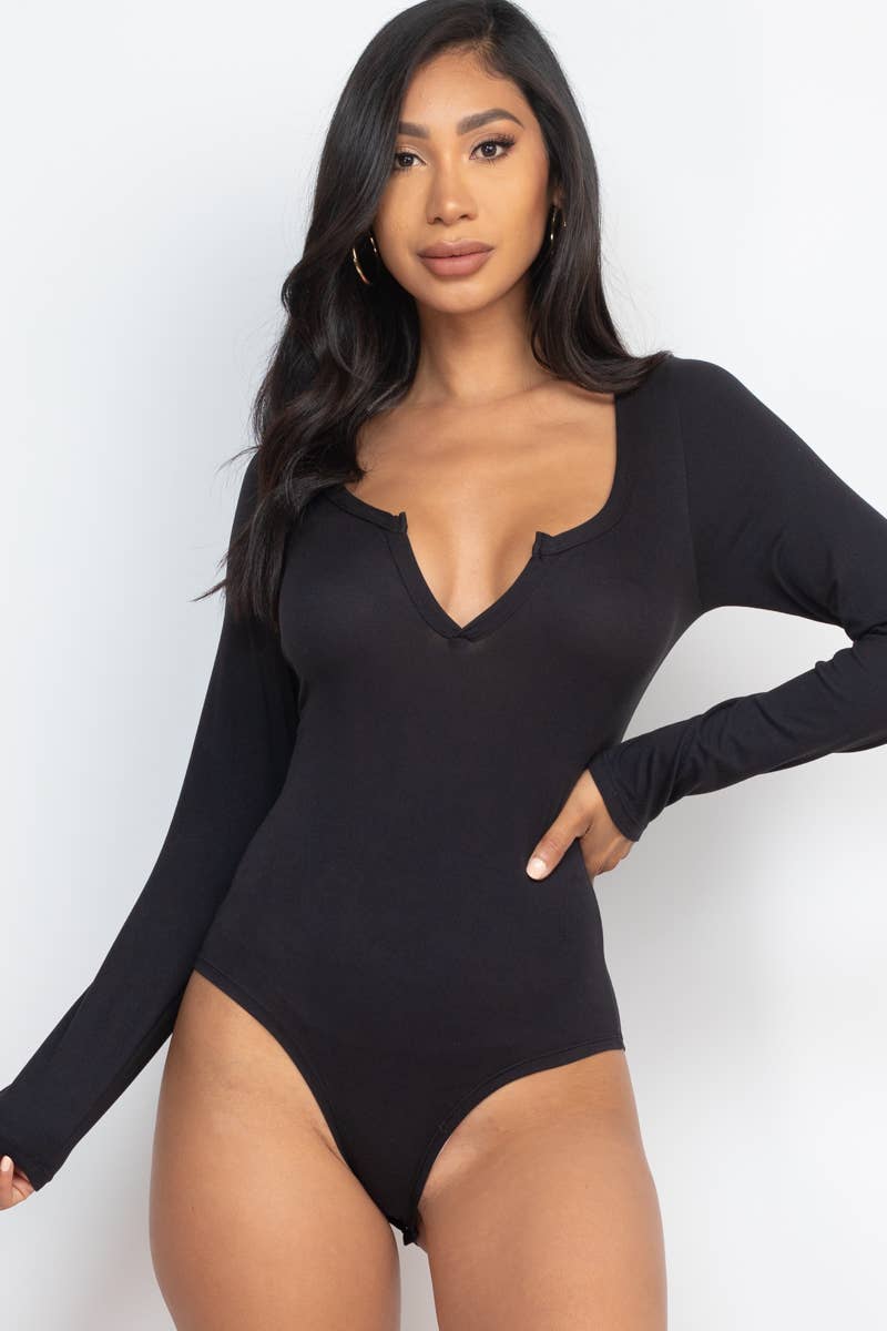 Split Neck Solid Bodysuit