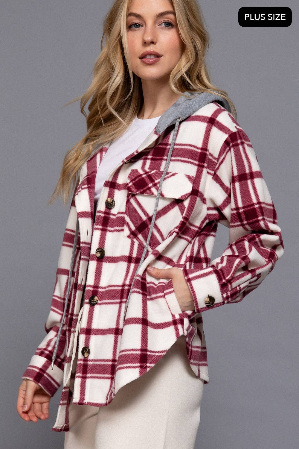 [PLUS SIZE] Long Slv Plaid Button Down Hoodie Fleece Jacket