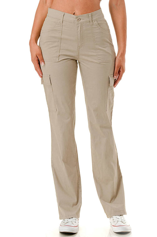 Solid color straight leg adjustable waist band cargo pants
