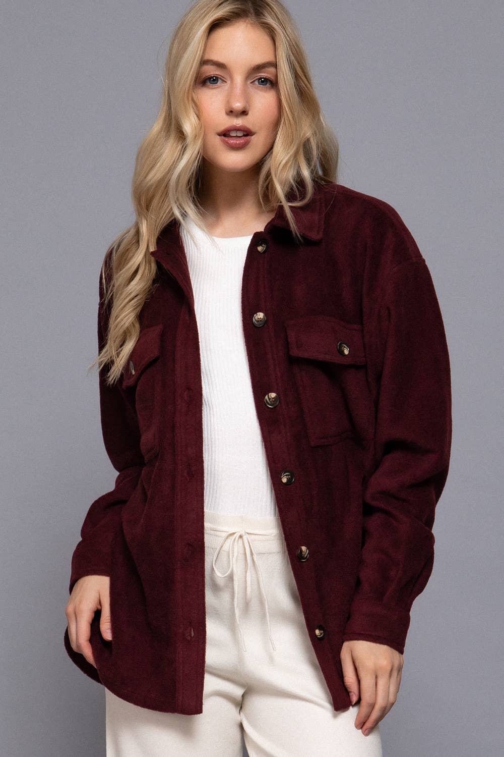 Long Sleeve Notched Collar Front Pocket Fleece Jacket