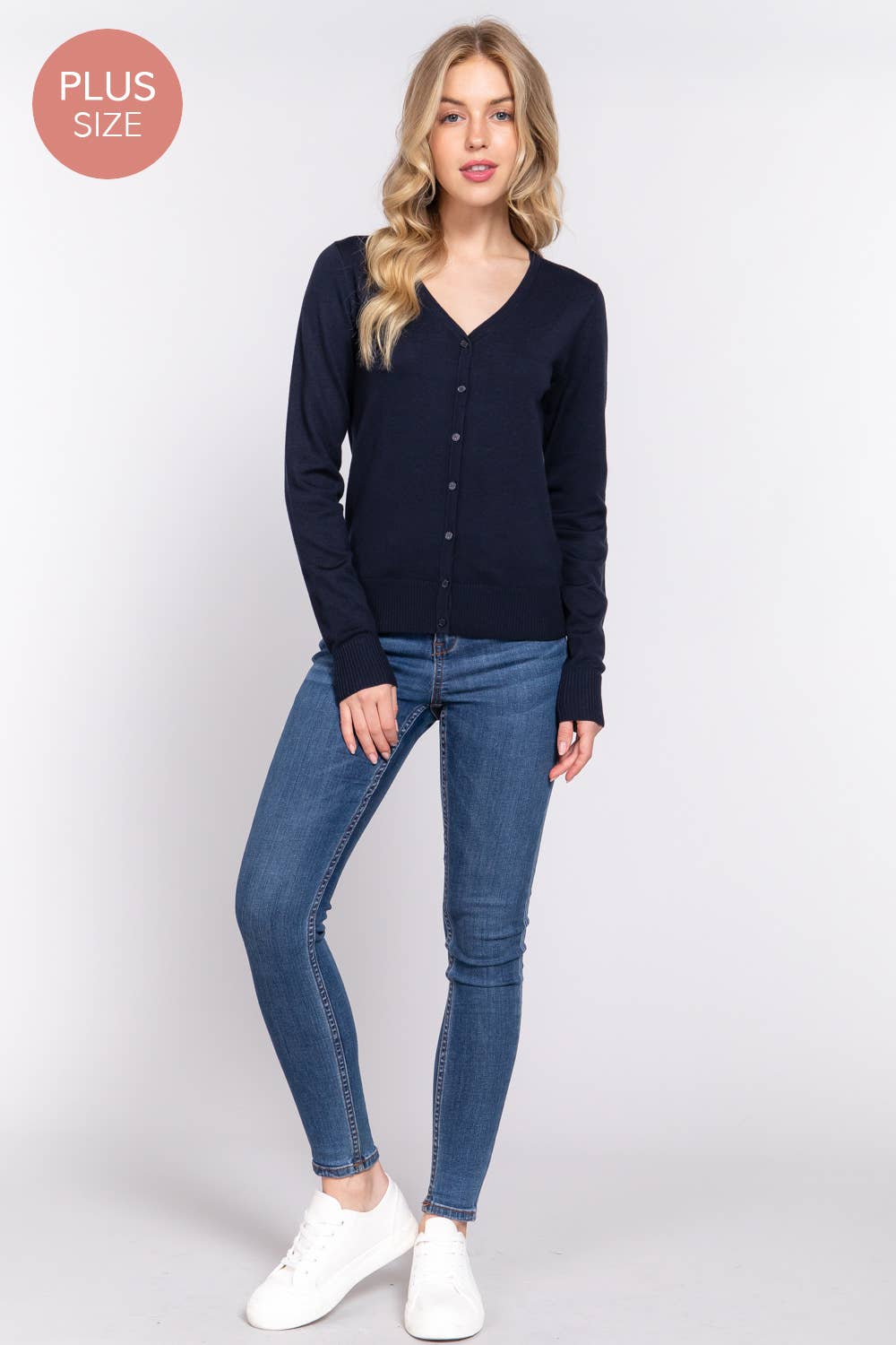 [PLUS SIZE] Long Sleeve V-neck Button Down Sweater Cardigan