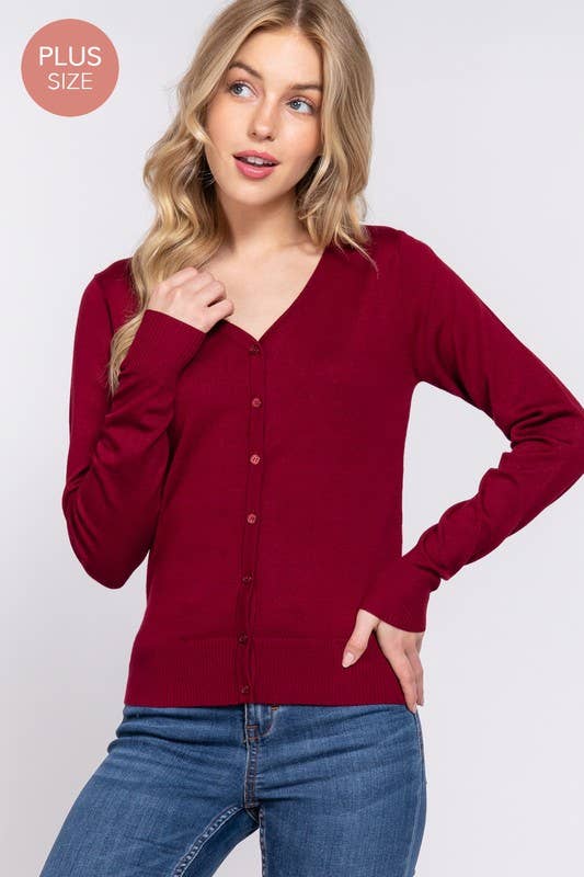 [PLUS SIZE] Long Sleeve V-neck Button Down Sweater Cardigan