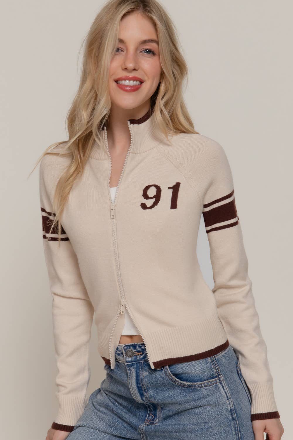 Long Sleeve High Neck with Line Detail Zip-Up Sweater Jacket