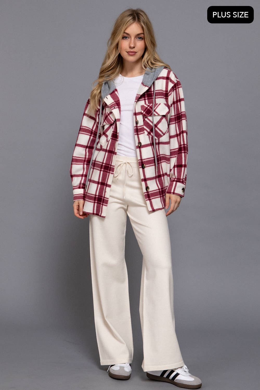 [PLUS SIZE] Long Slv Plaid Button Down Hoodie Fleece Jacket