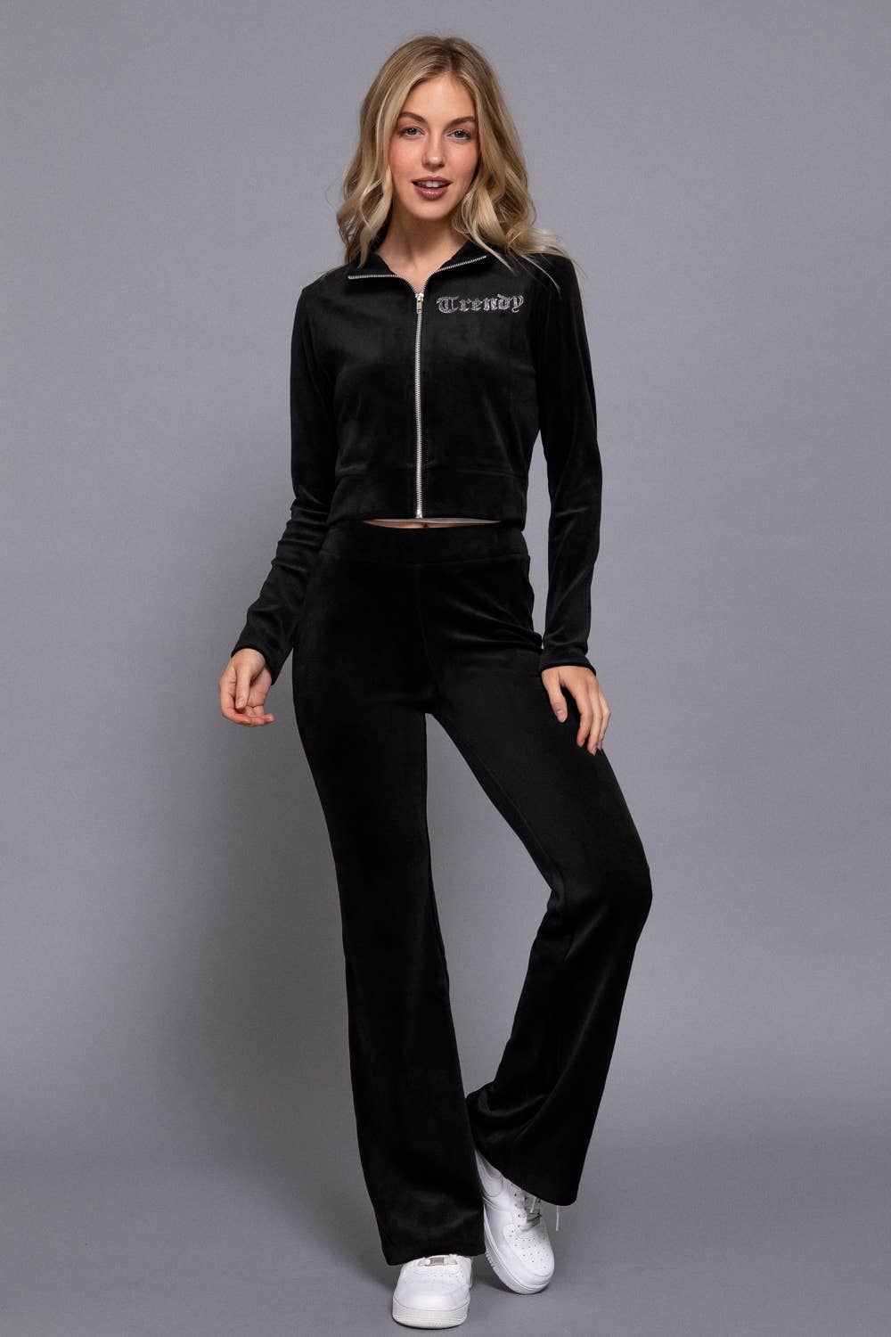Mock Neck Zip Up Jacket & Rhinestone Flare Pants Velour Set