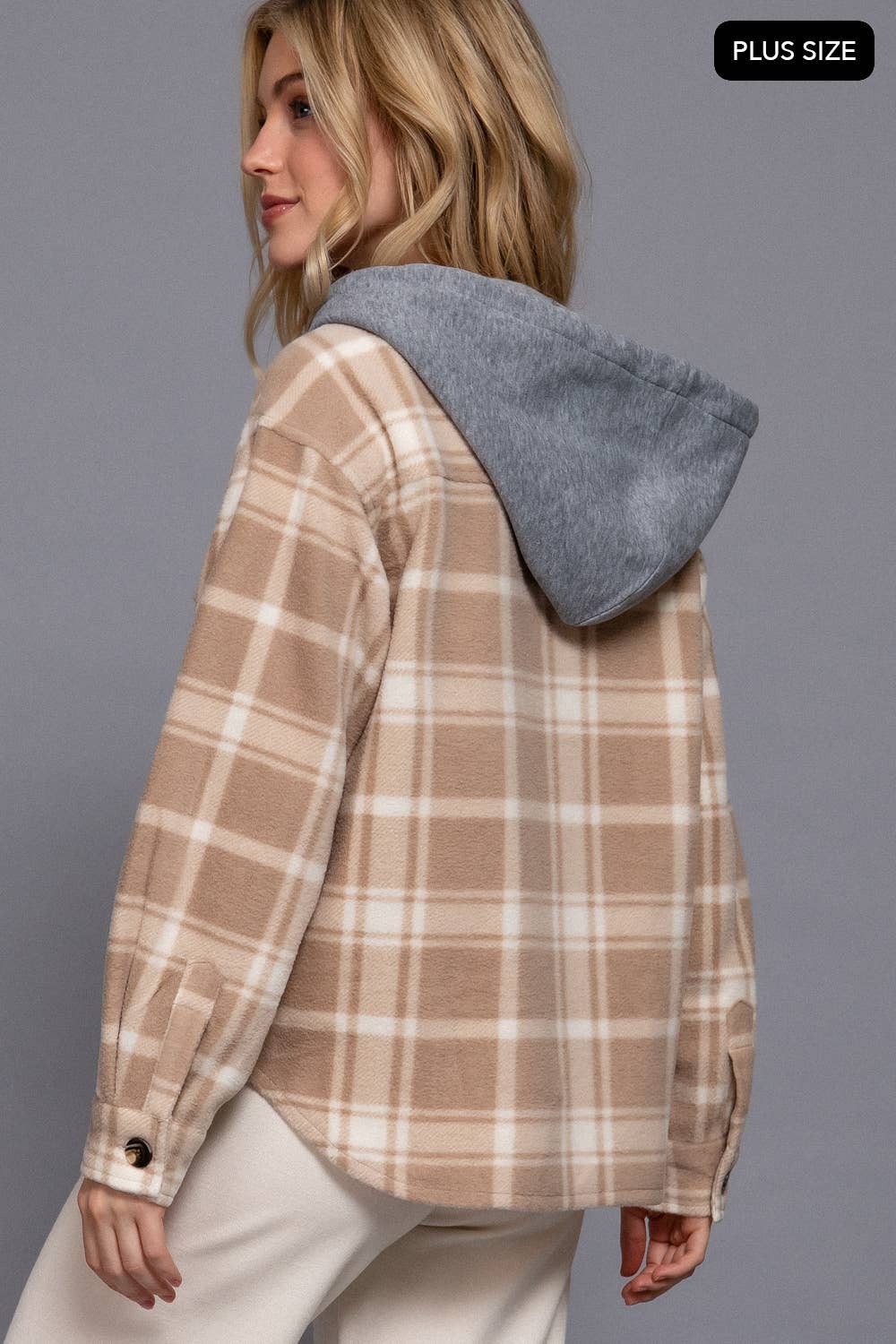 [PLUS SIZE] Long Slv Plaid Button Down Hoodie Fleece Jacket