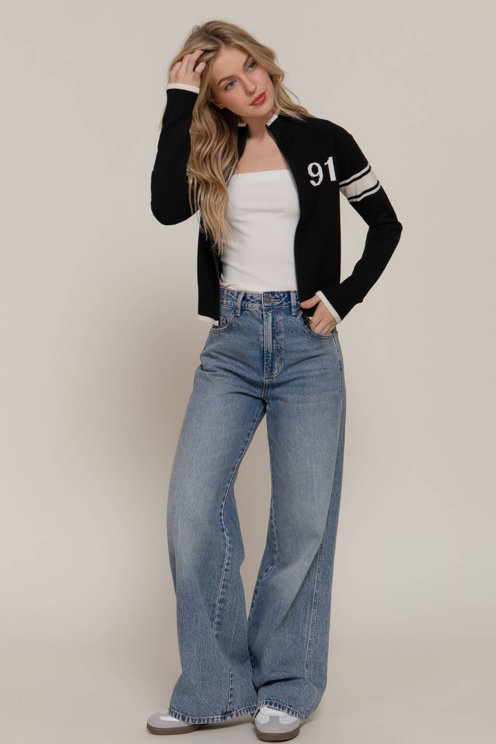 Long Sleeve High Neck with Line Detail Zip-Up Sweater Jacket