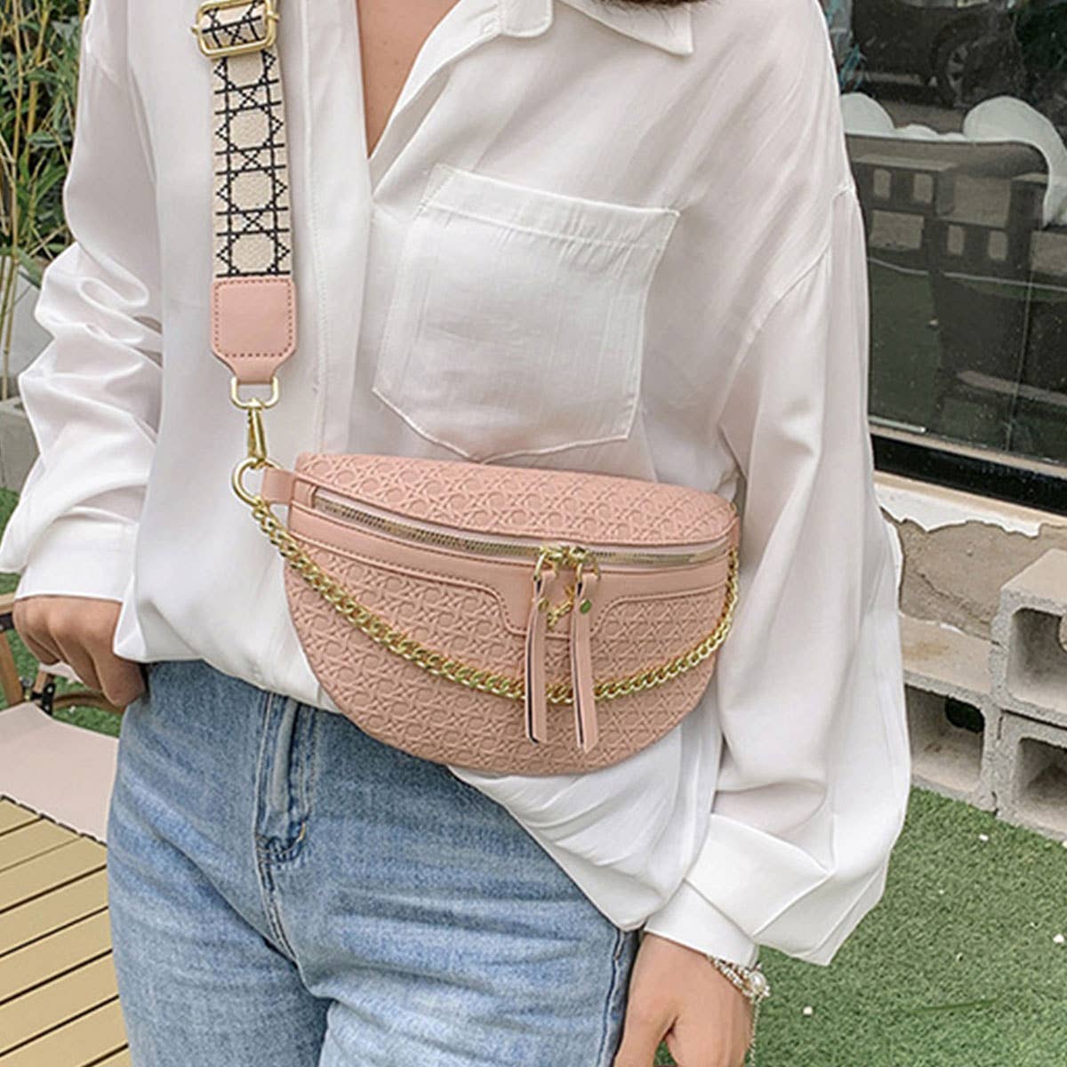 WOVEN FANNY PACK BELT BAG,CHAIN STRAP_CWAB0946