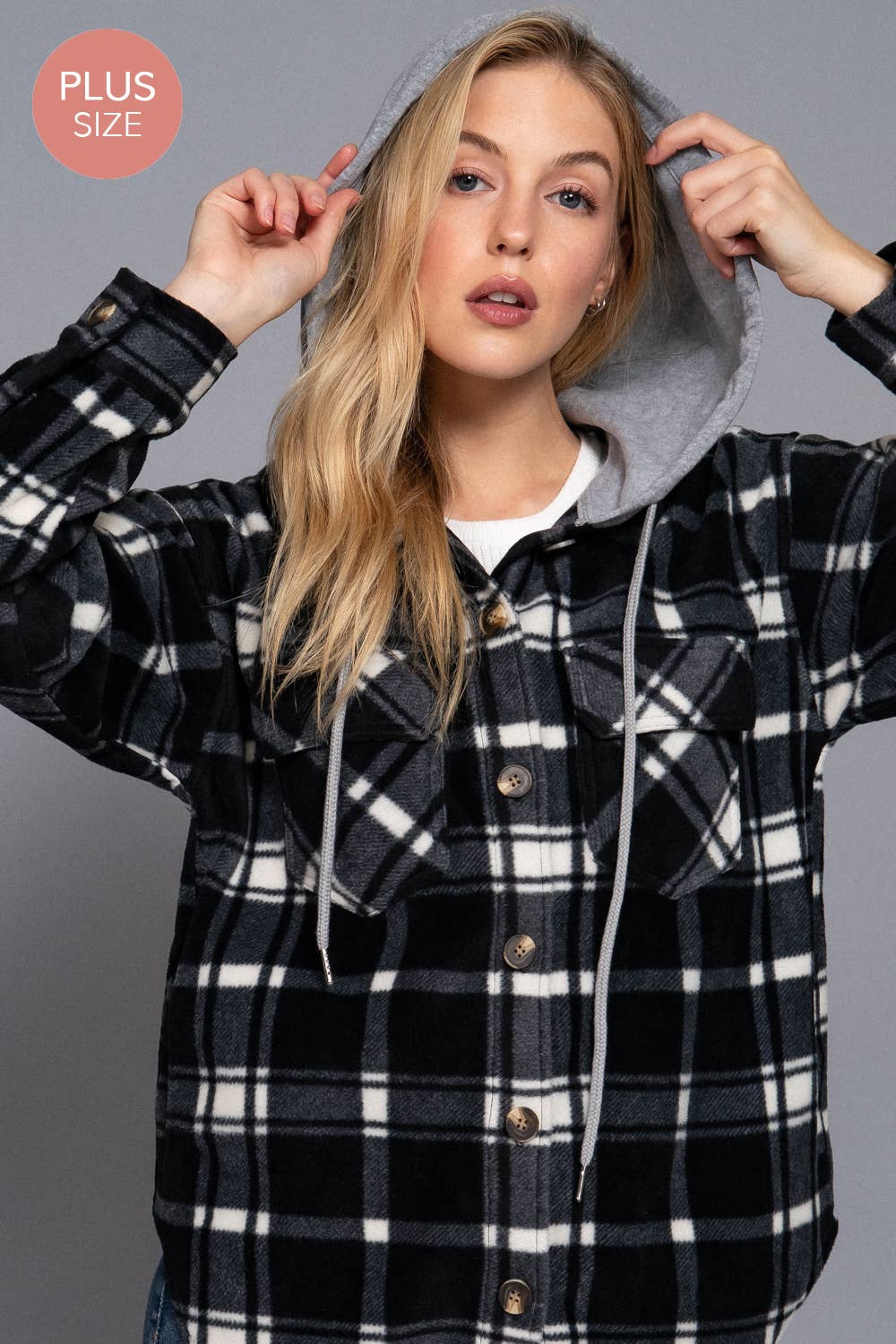 [PLUS SIZE] Long Slv Plaid Button Down Hoodie Fleece Jacket