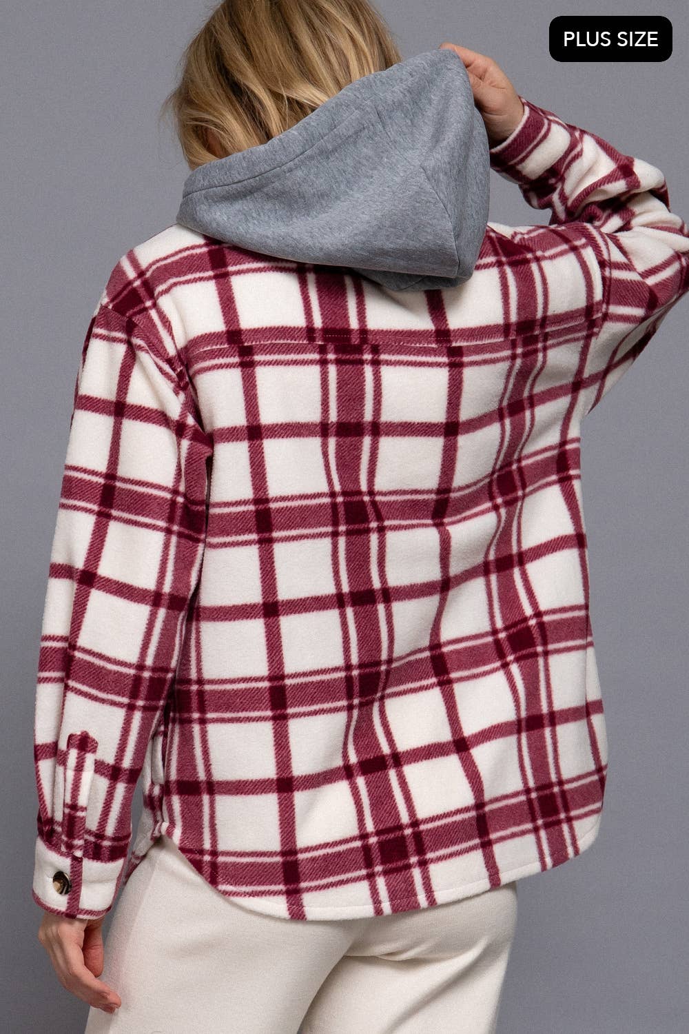 [PLUS SIZE] Long Slv Plaid Button Down Hoodie Fleece Jacket