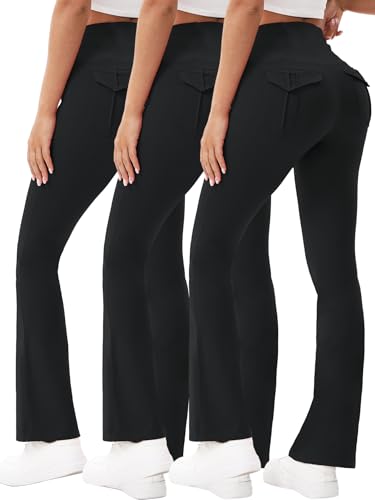Women's Flare Leggings with Pockets High-Waisted Yoga Pants 3-Pack
