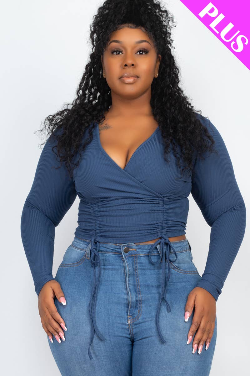 Plus Size Ribbed Drawstring Ruched Long Sleeve Crop Top