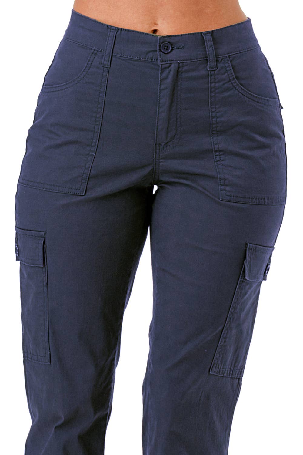 Solid color straight leg adjustable waist band cargo pants