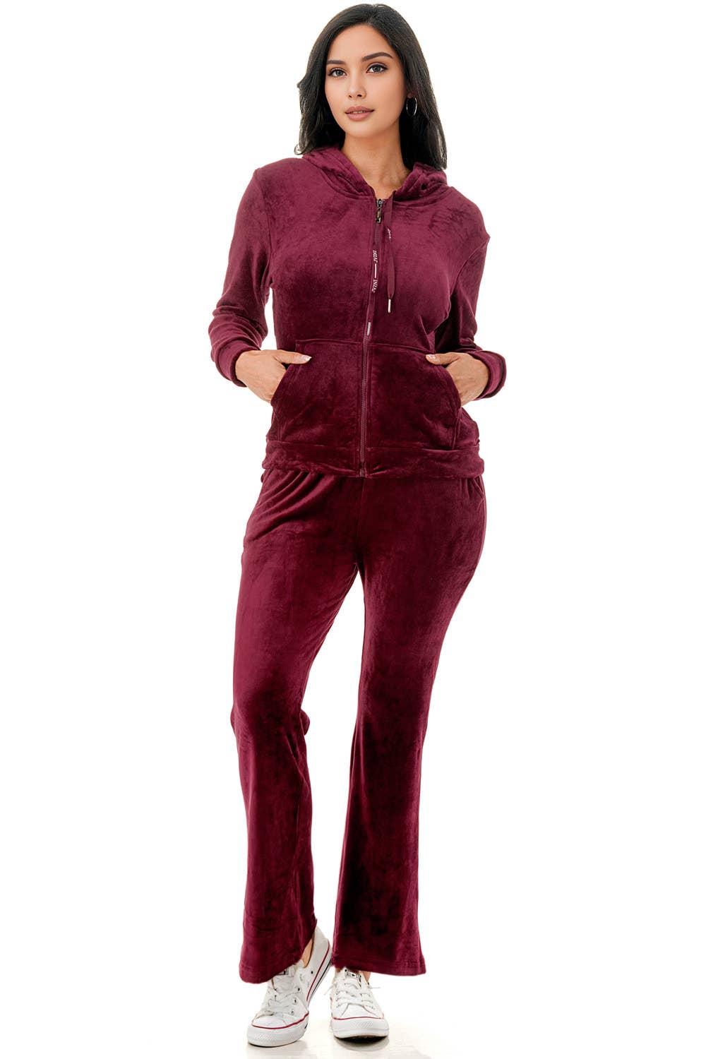 Solid color fleece lined velvet jacket and flare pants set