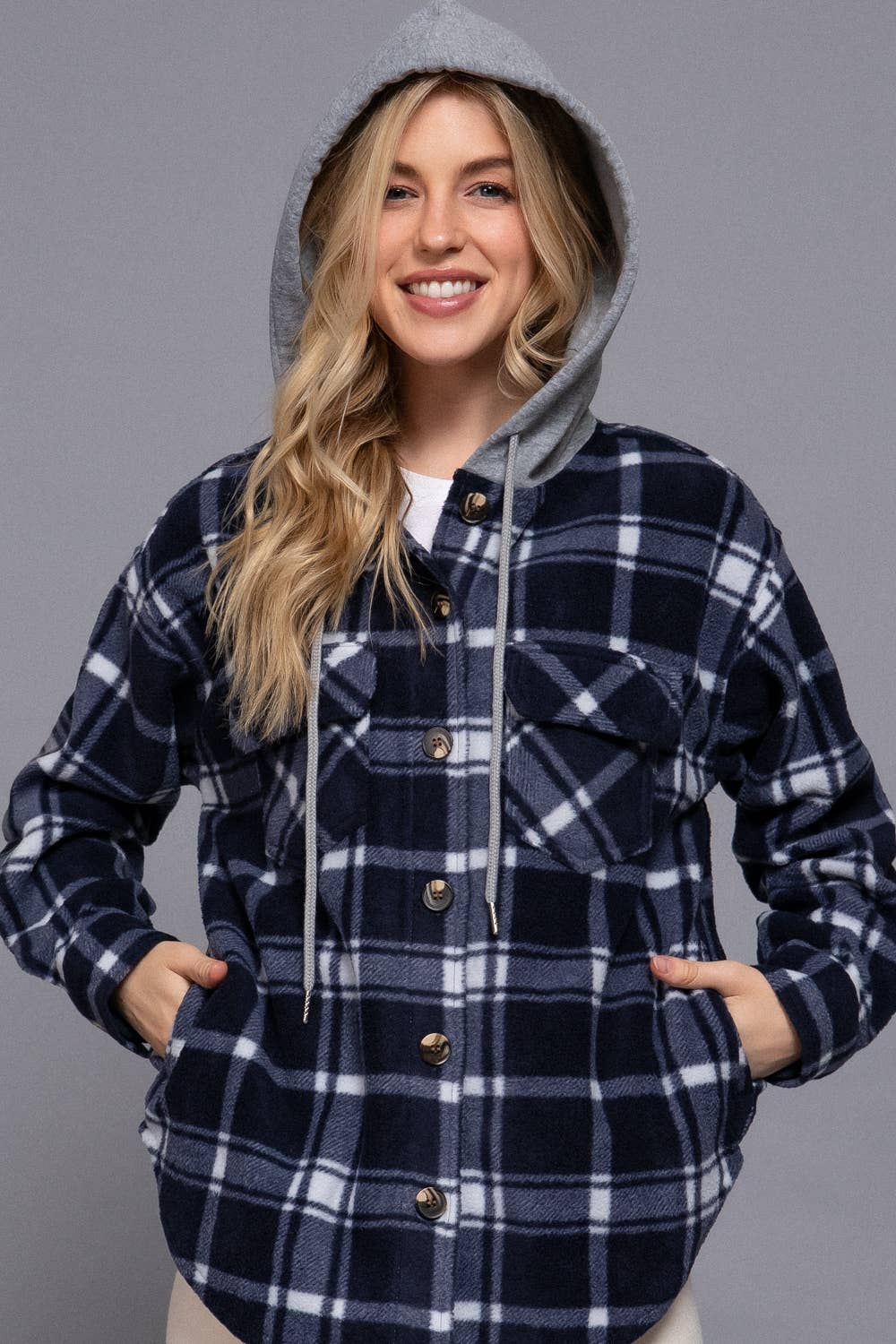 [PLUS SIZE] Long Slv Plaid Button Down Hoodie Fleece Jacket