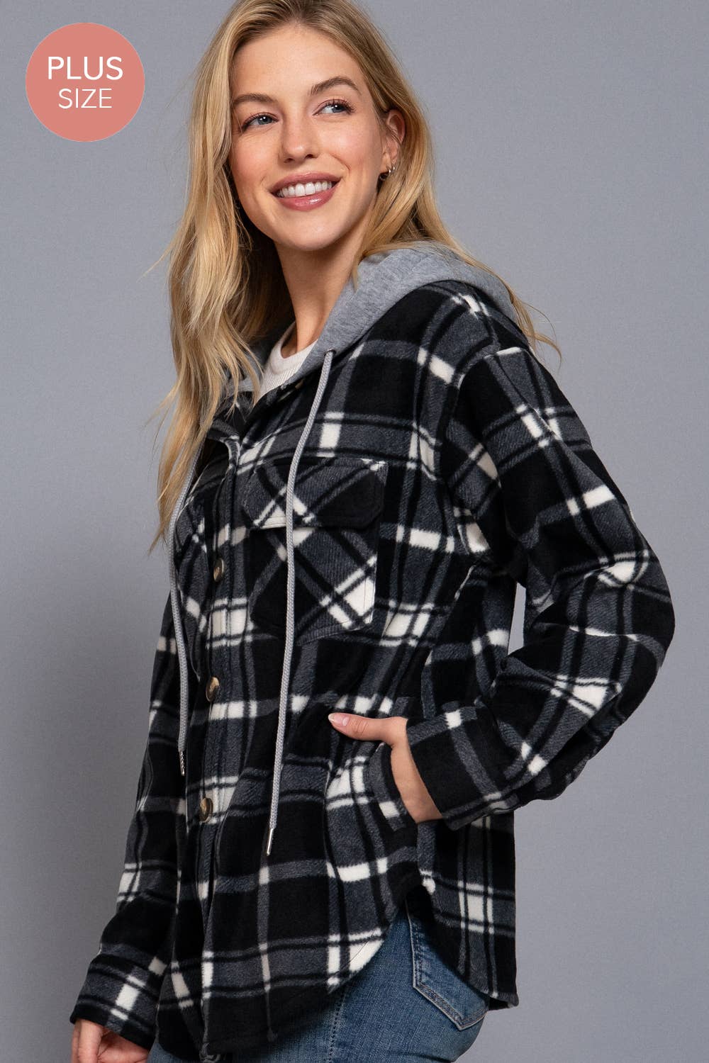 [PLUS SIZE] Long Slv Plaid Button Down Hoodie Fleece Jacket