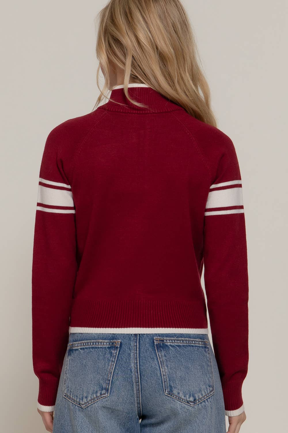Long Sleeve High Neck with Line Detail Zip-Up Sweater Jacket