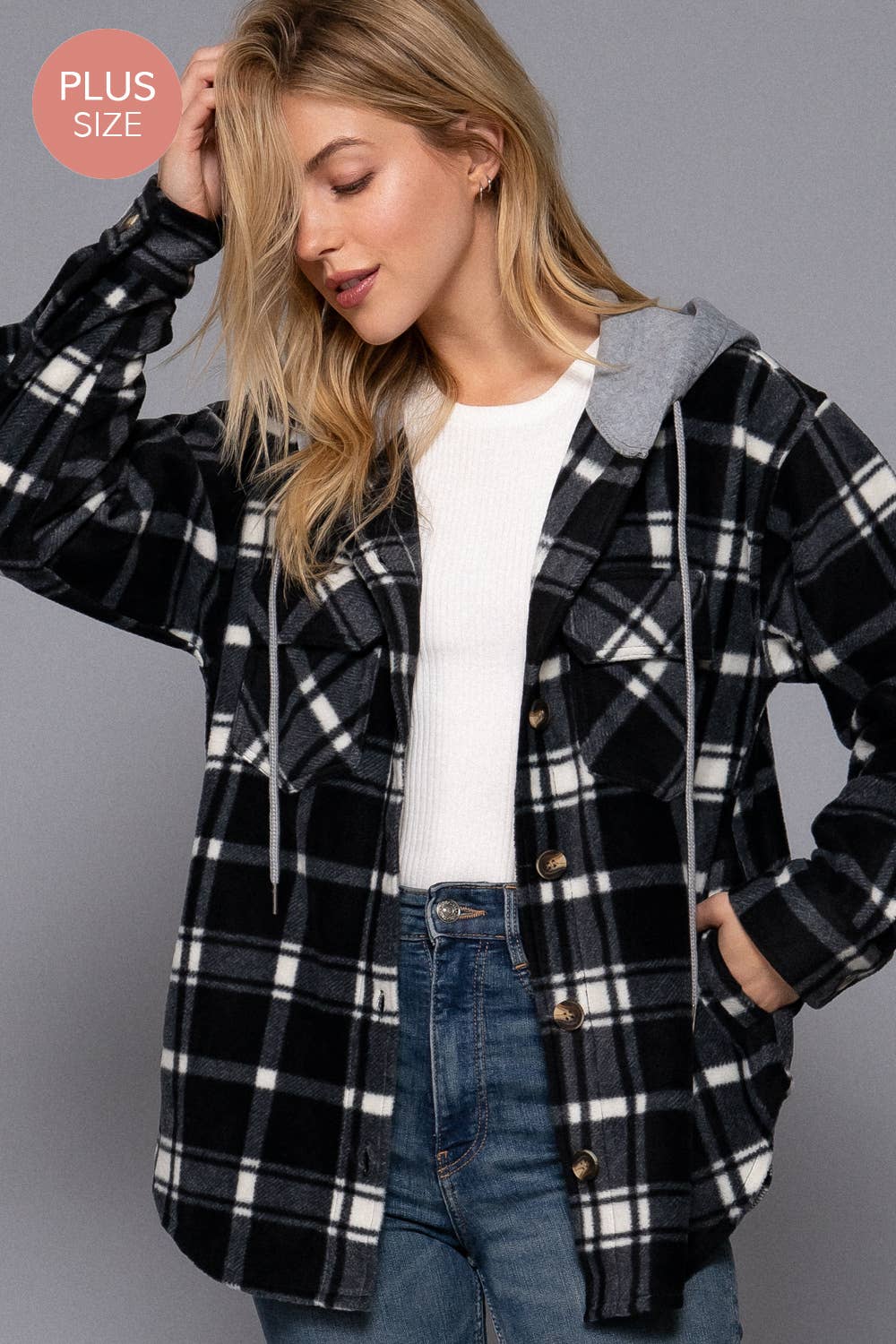 [PLUS SIZE] Long Slv Plaid Button Down Hoodie Fleece Jacket