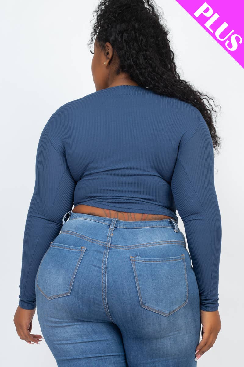 Plus Size Ribbed Drawstring Ruched Long Sleeve Crop Top